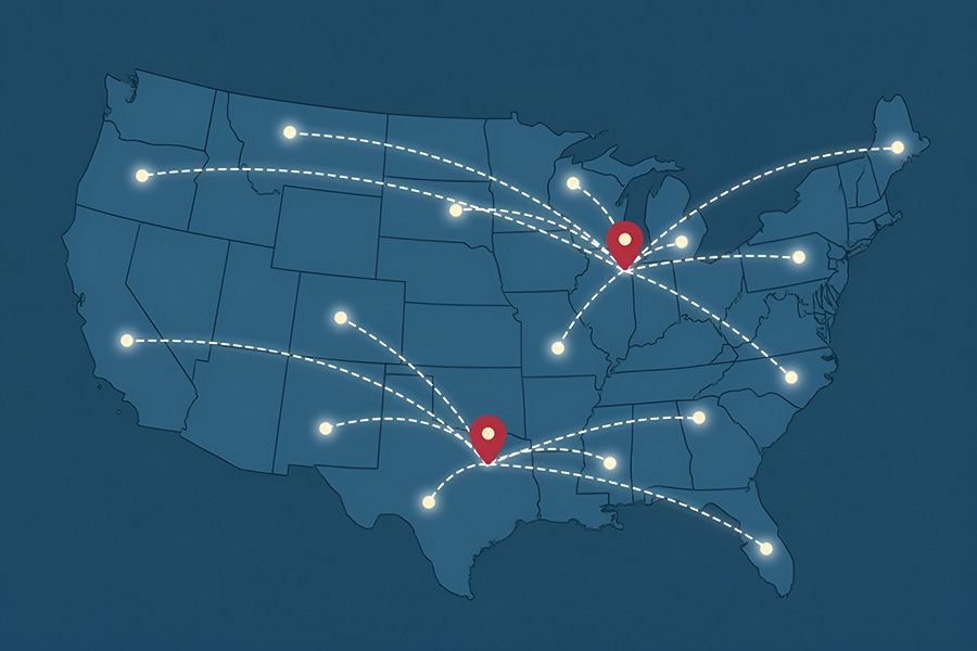 IODEV service map nationwide coverage from Chicago and Dallas-Fort Worth