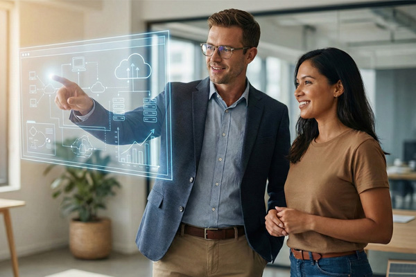 man-advising-woman-on-tech A man advising a woman business owner on technology